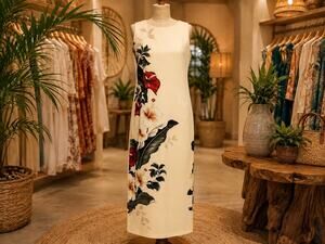 Iolani Hawaii Vintage 80s Maxi Dress S Cream Tropical Floral Hawaiian Resort